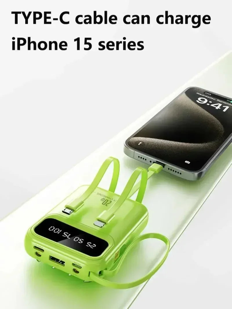 500000mAh Portable Power Bank 20W Fast Charge, Built-In 4 Cables, LED Light & Digital Display