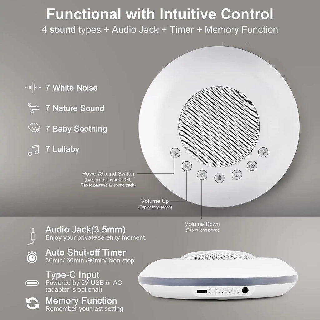 Portable White Noise Machine for Baby - 28 Sounds, USB-C Rechargeable Sleep Soother with 7-Color Night Light & Timer