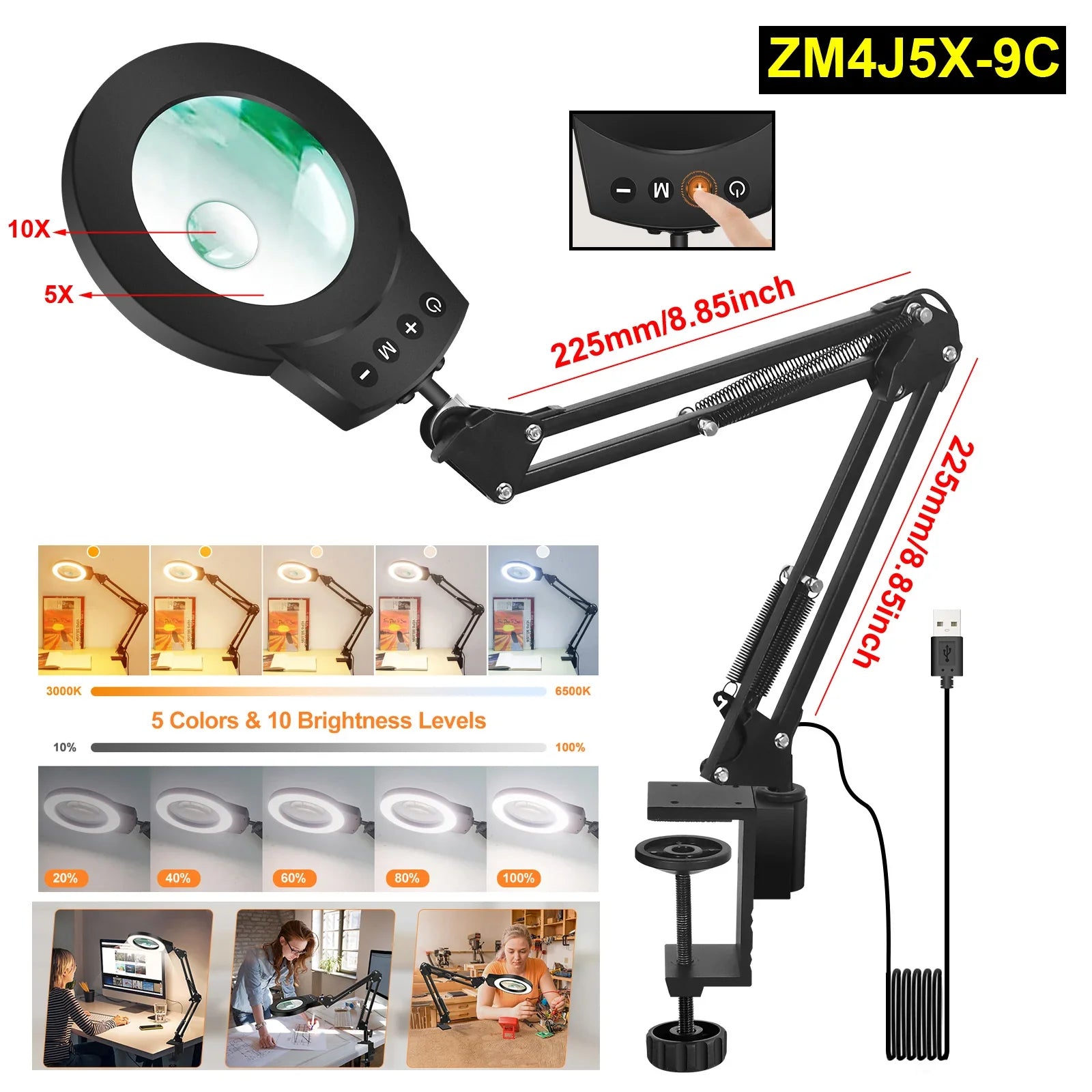Adjustable Swing-Arm Magnifying Lamp 5X/10X with 110mm Lens, 5-Color Touch LED Clamp Light for Reading Jewelry Repair Electronics