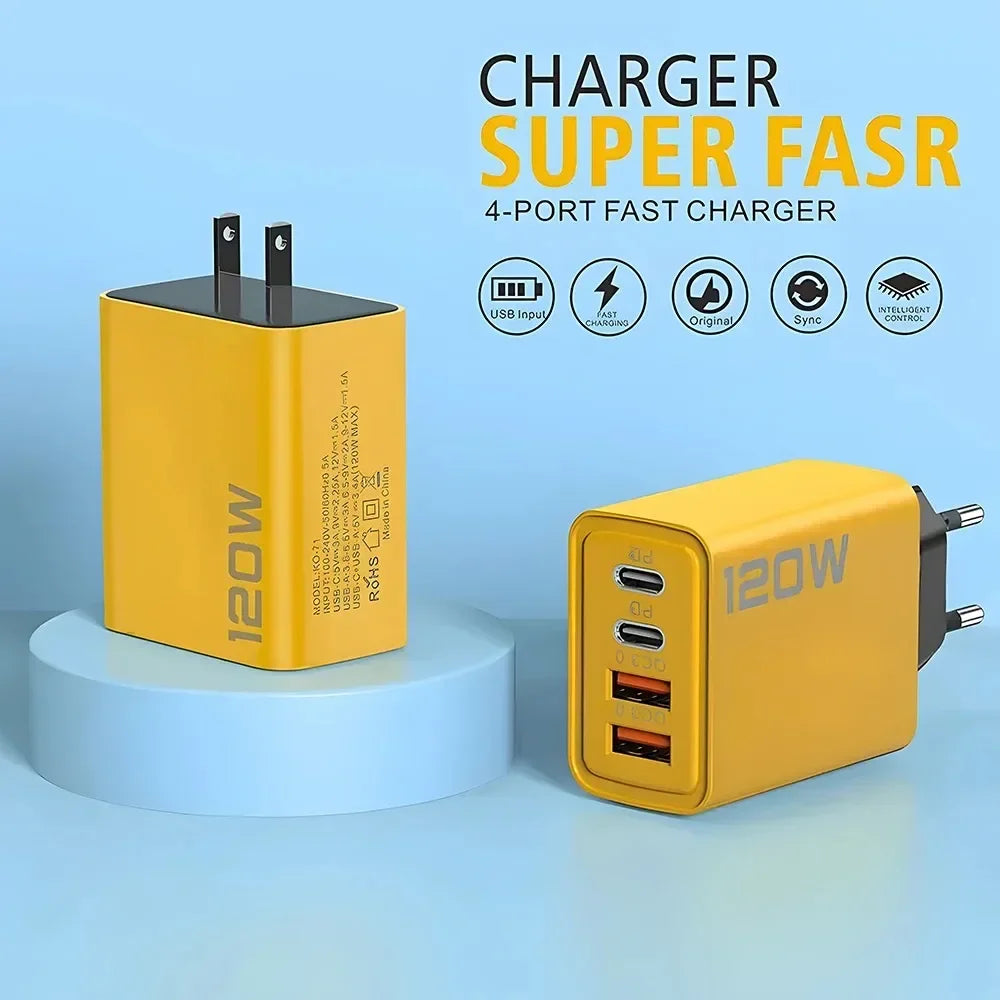 120W 4-Port USB-C PD Fast Charger Wall Adapter, 2 USB-C + 2 USB-A Quick Charge with US/EU Plugs