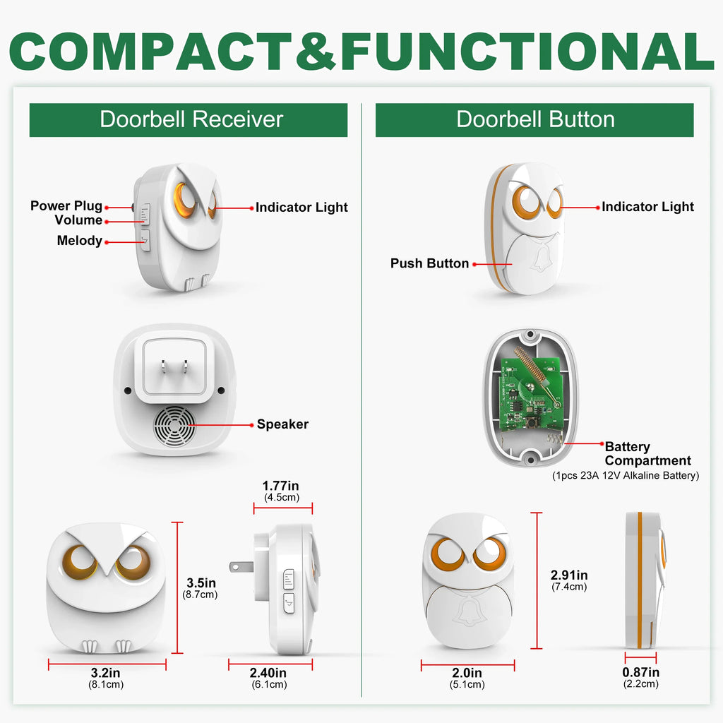 Wireless Doorbell Chime Kit 1000ft (300m) Long Range Waterproof Outdoor Push Button, 35 Melodies, Expandable (1 Receiver & 2 Buttons)