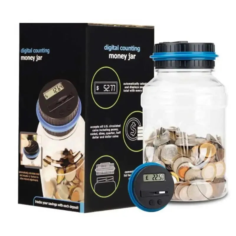 1.8L (61 fl oz) Transparent Coin Bank with Smart Coin Counter – Large Capacity Money Jar for USD EUR GBP