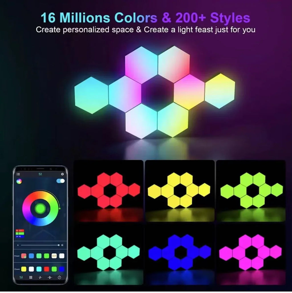 RGB Hexagonal Smart Wall Lamp – DIY Color-Changing Ambient Night Light with Music Sync & App Control for Game Room and Bedroom