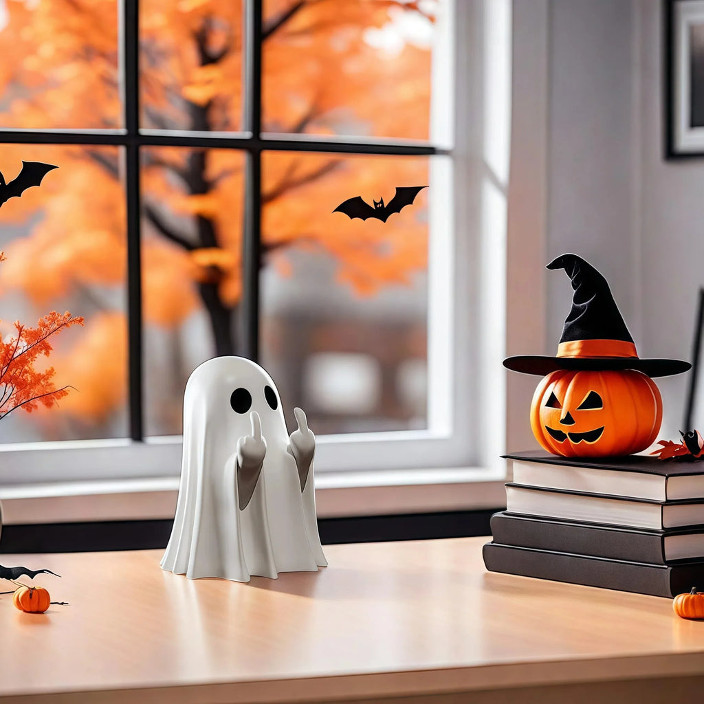 Funny Middle Finger Ghost Statue - Small Rude Ghost Figurine for Halloween Coffee Table and Shelf Decor