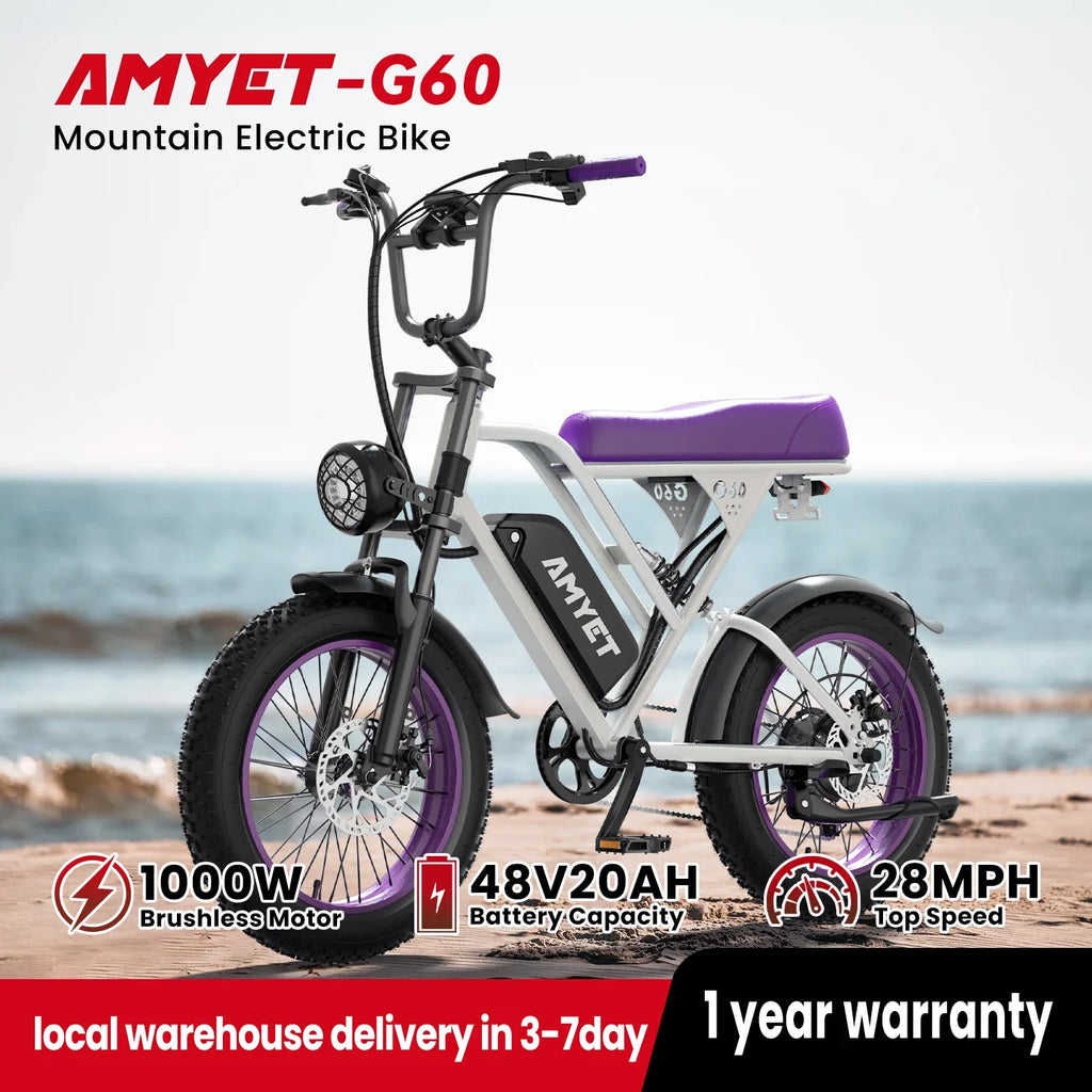 Electric Fat-Tire Bike 1000W (Peak 1500W) – 48V 20Ah Removable Battery, 20×4 in (50.8×10.16 cm) Wheels, 7-Speed, Dual Suspension
