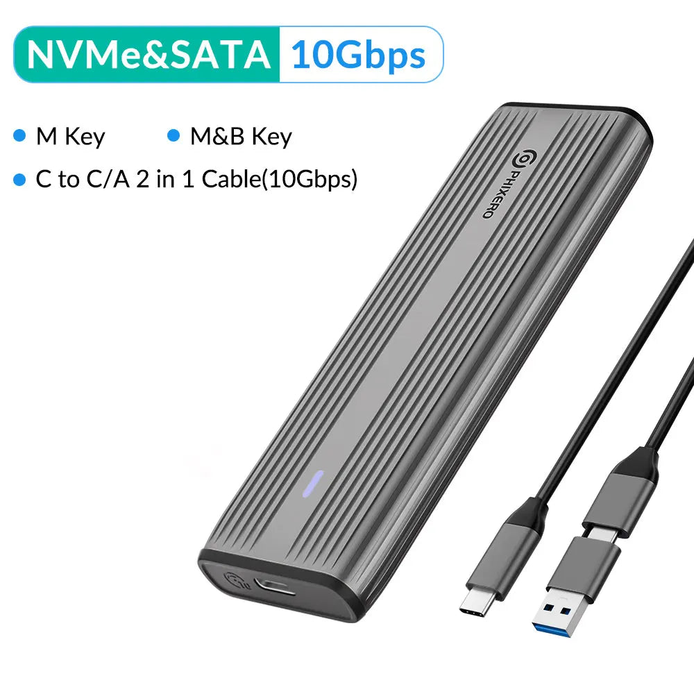 M.2 NVMe & SATA SSD Enclosure USB-C 10Gbps (USB 3.1 Gen2) Tool-Free Aluminum Case — Supports 2230/2242/2260/2280