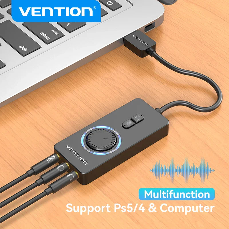 USB External Sound Card - USB to 3.5mm Audio Adapter with Volume Control, Mic & Headphone Splitter, 16-bit 48KHz