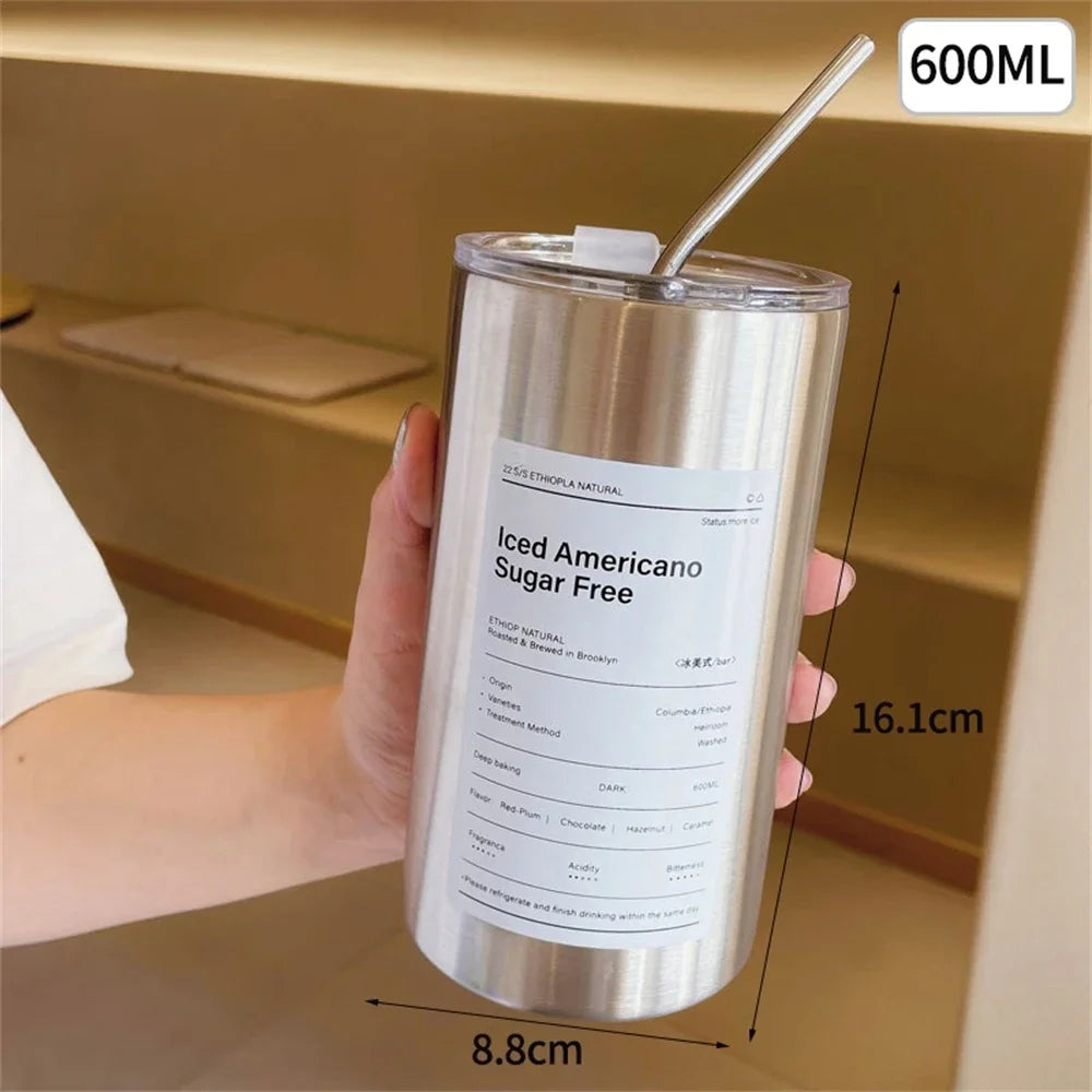 Portable 600ml (20 oz) 304 Stainless Steel Vacuum Thermos with Straw - Insulated Leak-Proof Travel Coffee Mug