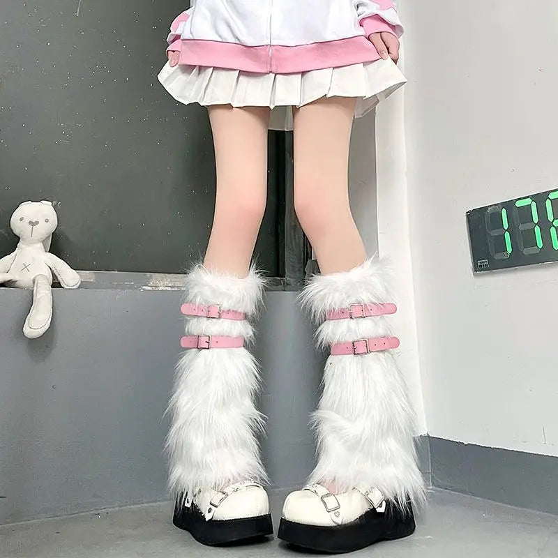White Faux Fur Leg Warmers Y2K Goth Knee-High Boot Covers