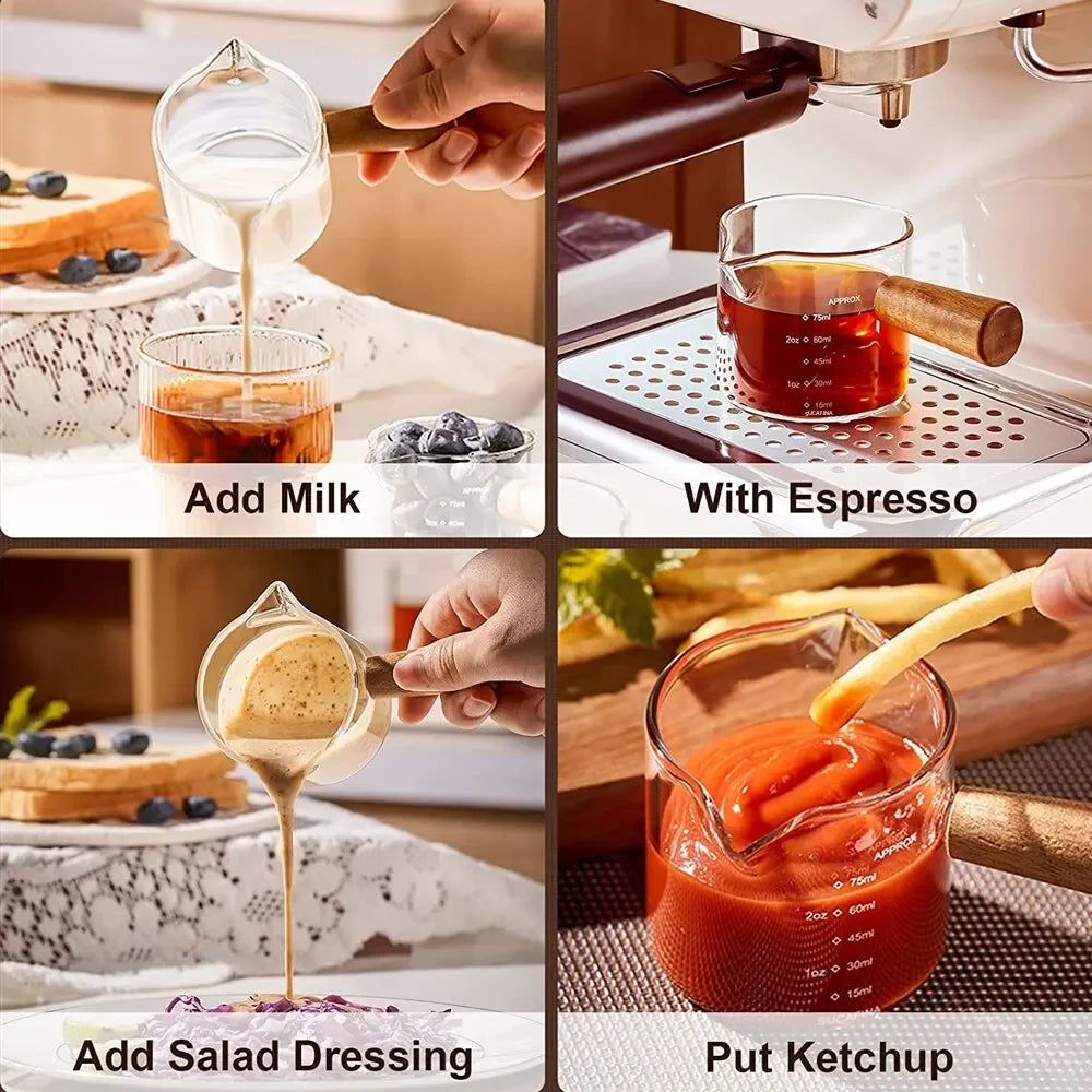 Heat-Resistant Glass Measuring Cup with Wood Handle - Clear Espresso & Milk Pouring Pitcher