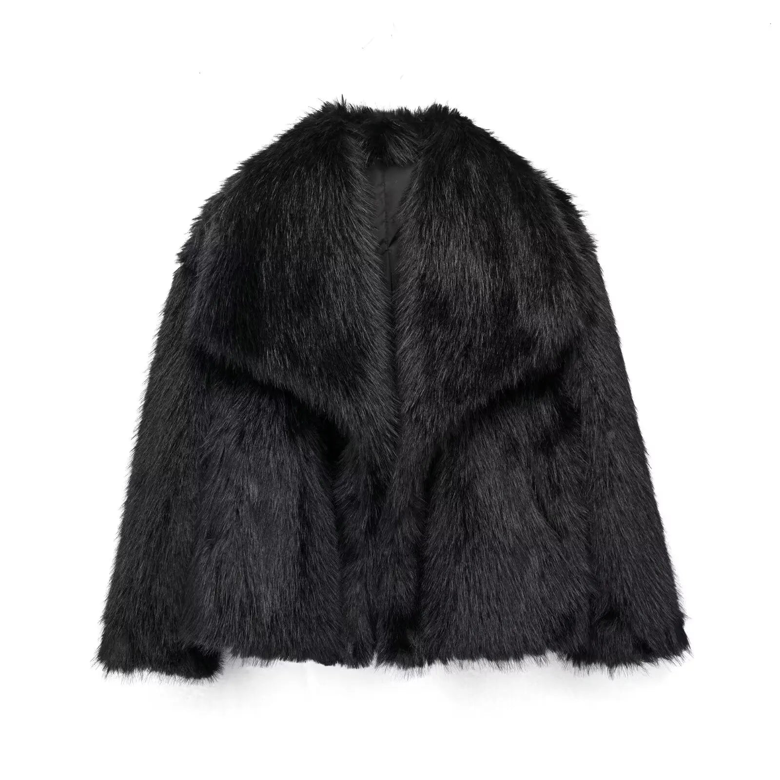 Cropped Faux Fur Jacket for Women – Long Sleeve Snap-Button Lapel Collar Thick Winter Coat