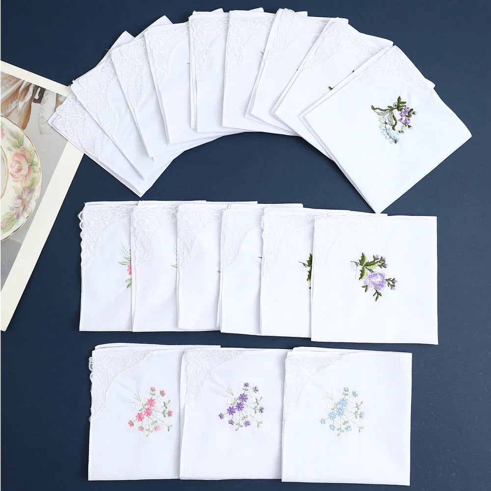 12-Pack Women's Cotton Lace Embroidered Handkerchiefs – Thin Soft Bridal & Mother's Day Gifts