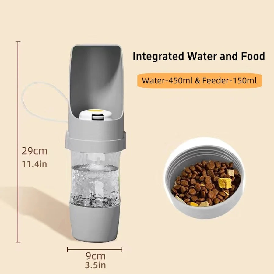 Portable 500ml (16.9 fl oz) Pet Water Bottle with Food Storage & Foldable Bowl - Travel Feeder for Dogs & Cats