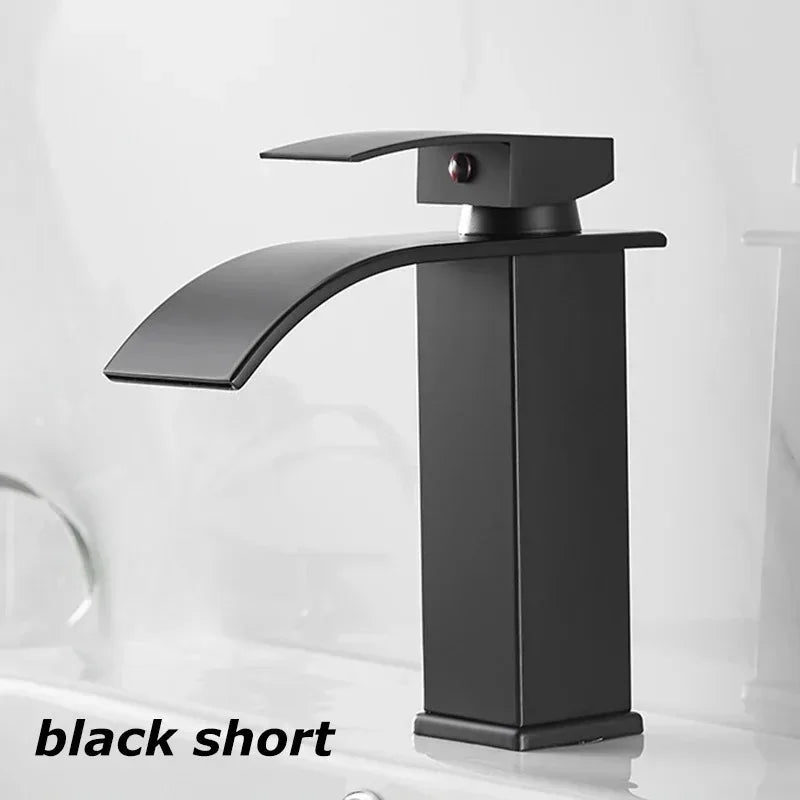 Black Waterfall Bathroom Basin Faucet – Stainless Steel Deck-Mounted High-Low Mixer Tap, Hot & Cold