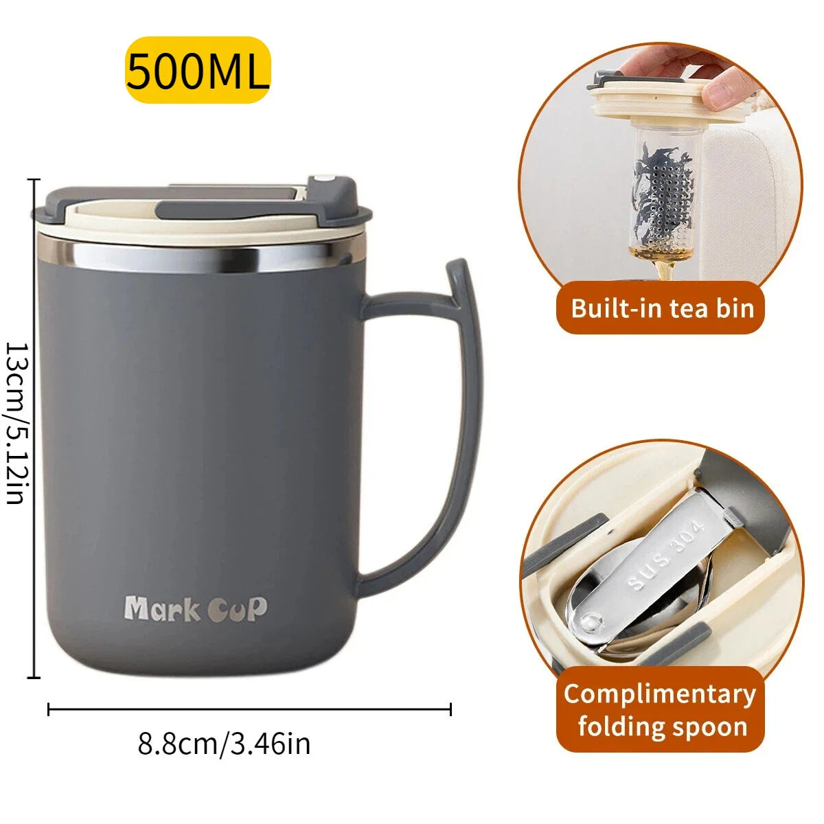 500ml (16.9oz) 304 Stainless Steel Double-Layer Insulated Travel Mug with Handle, Sealed Vacuum Flask