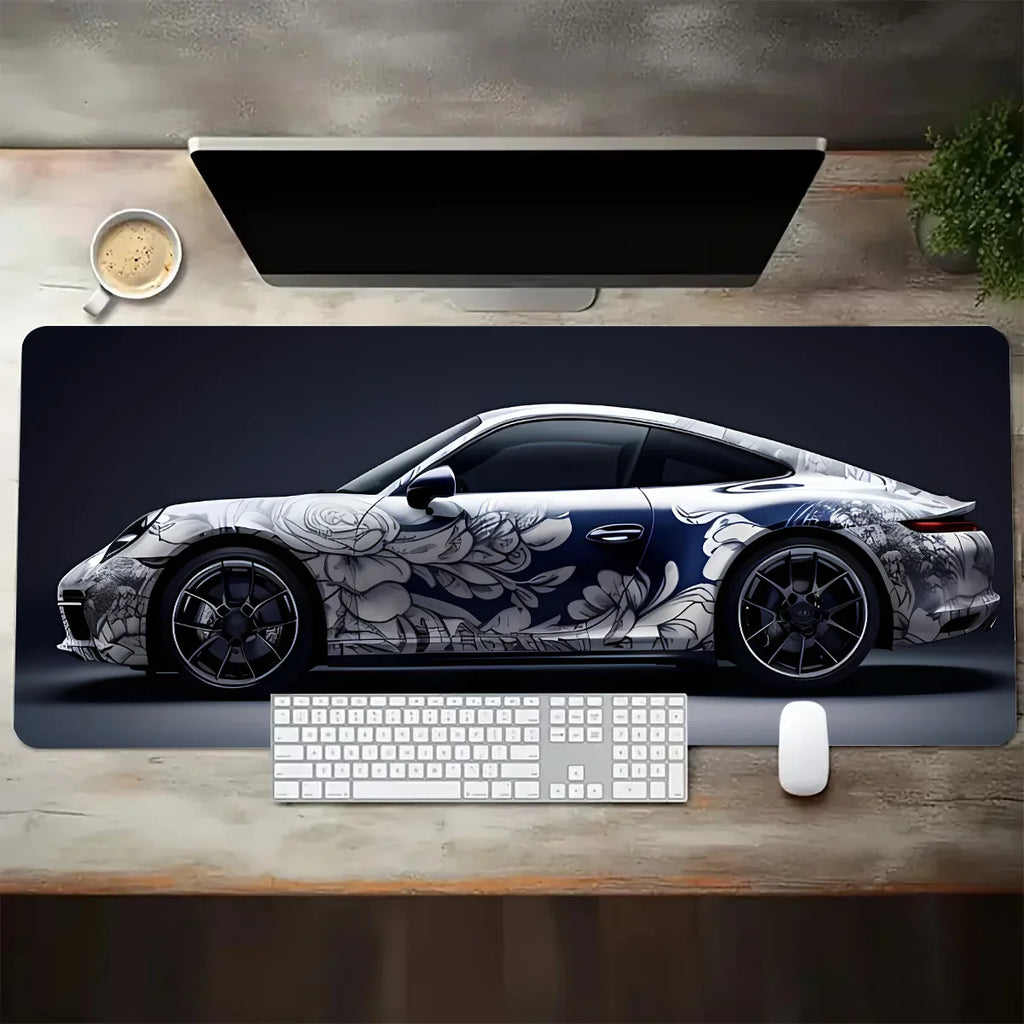 Large Extended Gaming Mouse Pad – White Sports Car Design, Anti-Slip Rubber Base Desk Mat for Gamers & Office