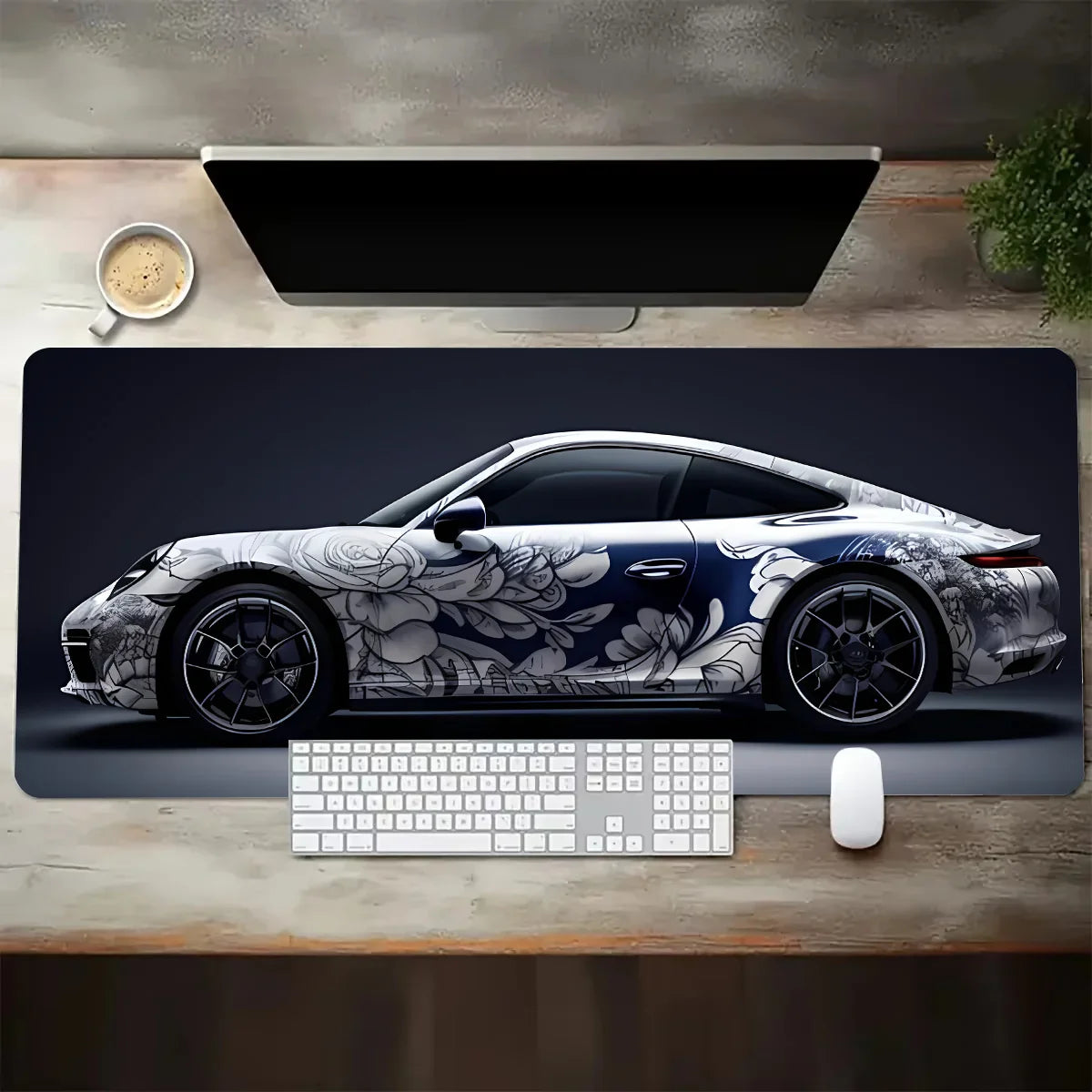 Large Extended Gaming Mouse Pad – White Sports Car Design, Anti-Slip Rubber Base Desk Mat for Gamers & Office