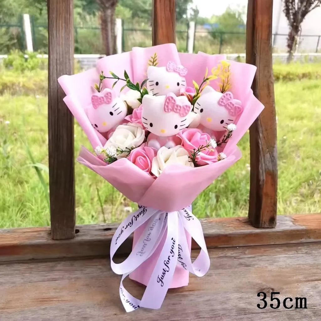 Kawaii Cat Plush Bouquet with Soap Rose Flowers — Cute Valentine's Day, Birthday & Graduation Gift
