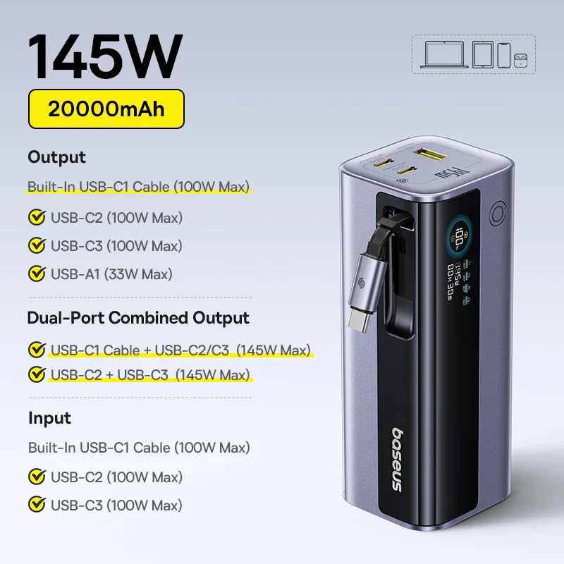 145W 20800mAh Power Bank – 100W USB-C PD Portable Charger, Dual USB-A/USB-C, Digital Display for Laptop, Phone & Gaming Handhelds