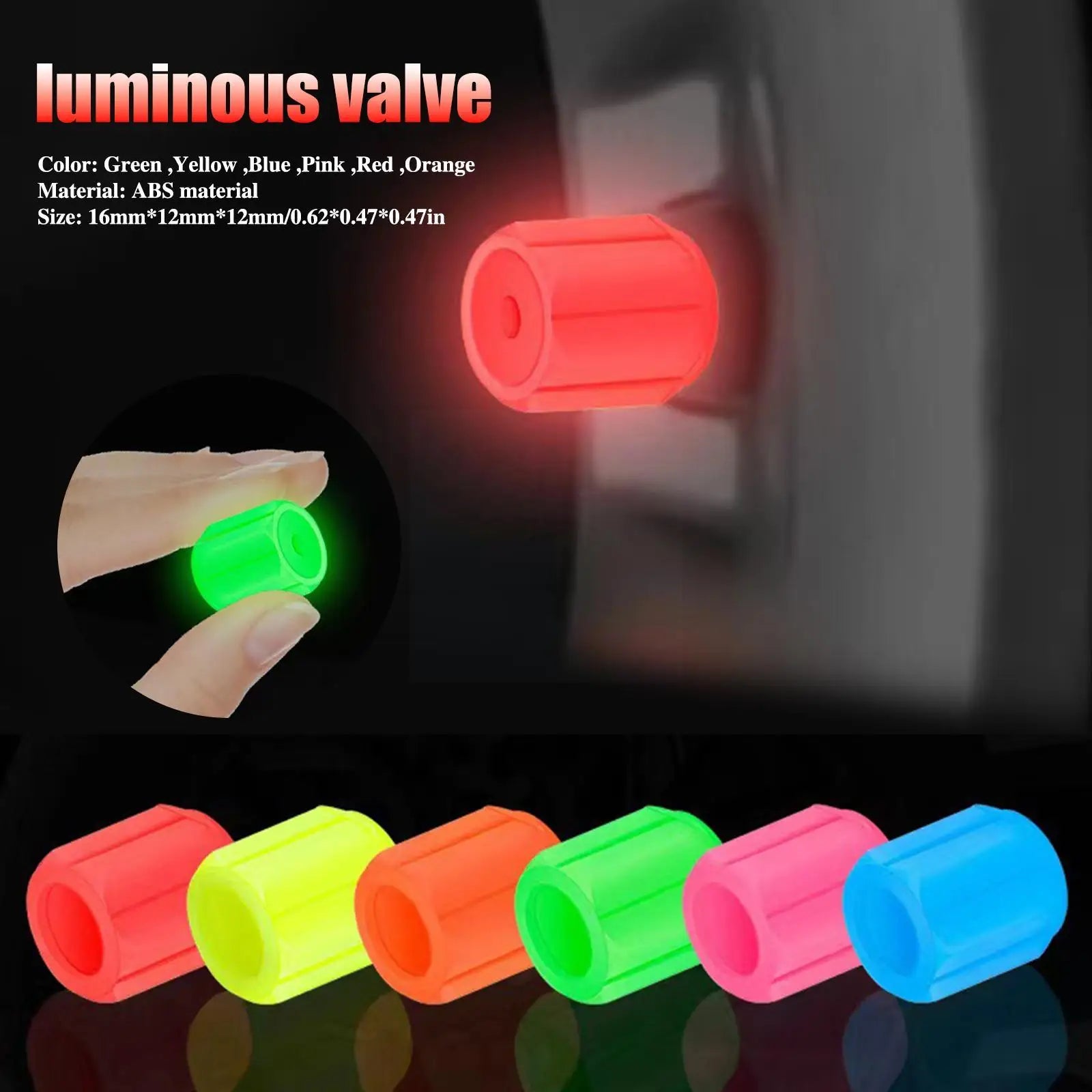 4-Pack Luminous Tire Valve Stem Caps 16×12×12mm (0.63×0.47×0.47 in) Glow-in-the-Dark Rhinestone Wheel Caps for Car Motorcycle Bike