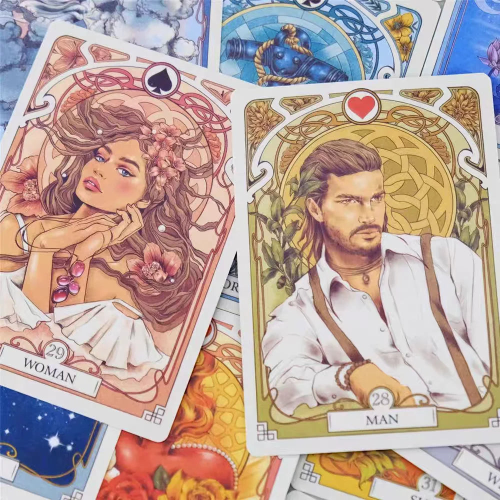 Romantic Lenormand Oracle Cards — 37-Card Deck, Art Nouveau Floral Motifs, English Vision, 10.2 x 7.2 cm (4.0 x 2.8 in) for Parties & Board Games