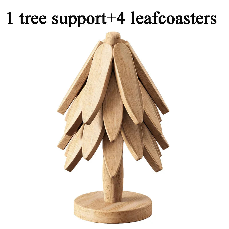 Tree-Shaped Wooden Trivet Set – 4 Foldable Trivets + Stand | Natural Wood Hot Pads for Pots, Teapots & Bowls