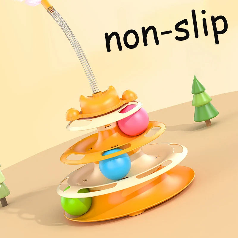 Interactive Cat Toy Tower with Turntable Track, Rolling Balls and Feather Teaser - Kitten Training Toy