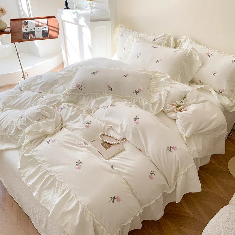 3‑Pc Rose Embroidered Duvet Cover Set with Ruffled Lace Pillowcases — Princess Bedding, Multiple Bed Sizes