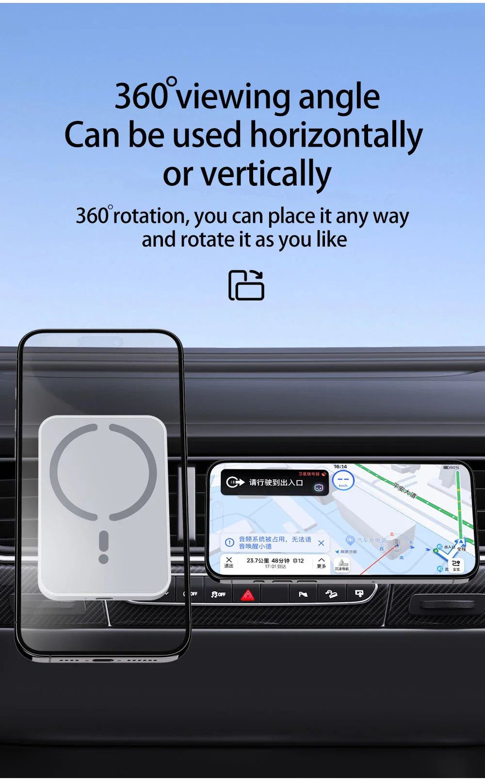 15W Magnetic Car Wireless Charger MagSafe-Compatible Air Vent Phone Holder 360° Rotating Fast Charging USB-C