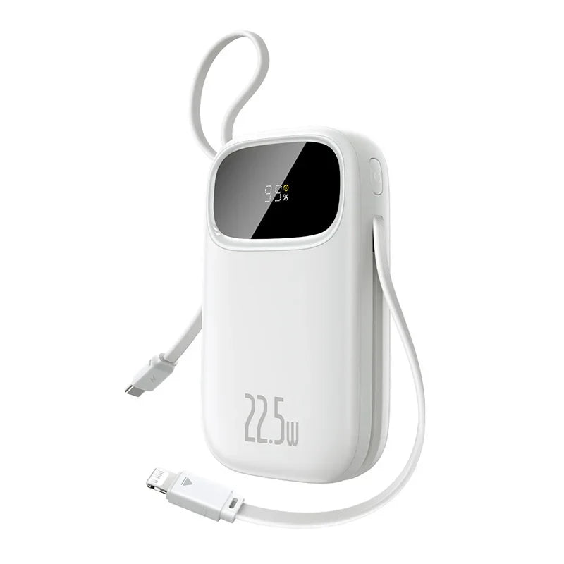 22.5W Fast Charging 10000mAh / 20000mAh Power Bank with Built-In Retractable USB-C & Lightning Cables – Portable Charger for iPhone, Samsung, Xiaomi
