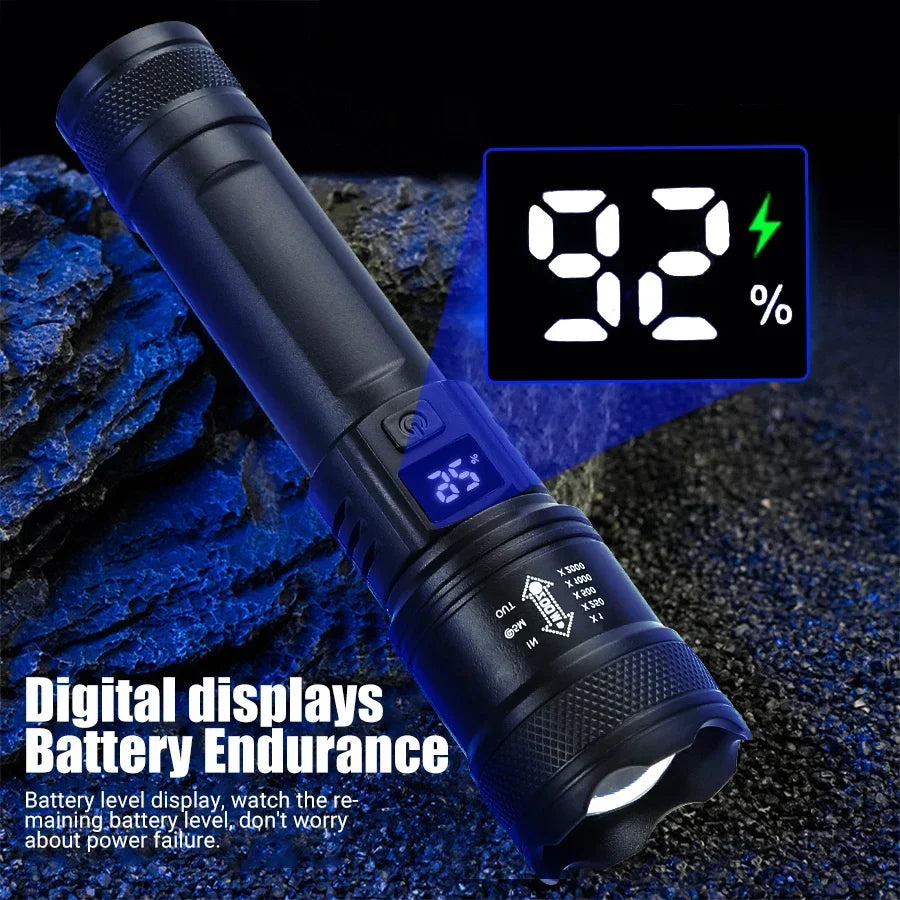 2000LM Tactical LED Flashlight with LCD Battery Display — USB-C Rechargeable Zoom Torch, IP67 Waterproof Power Bank for Camping & Emergency