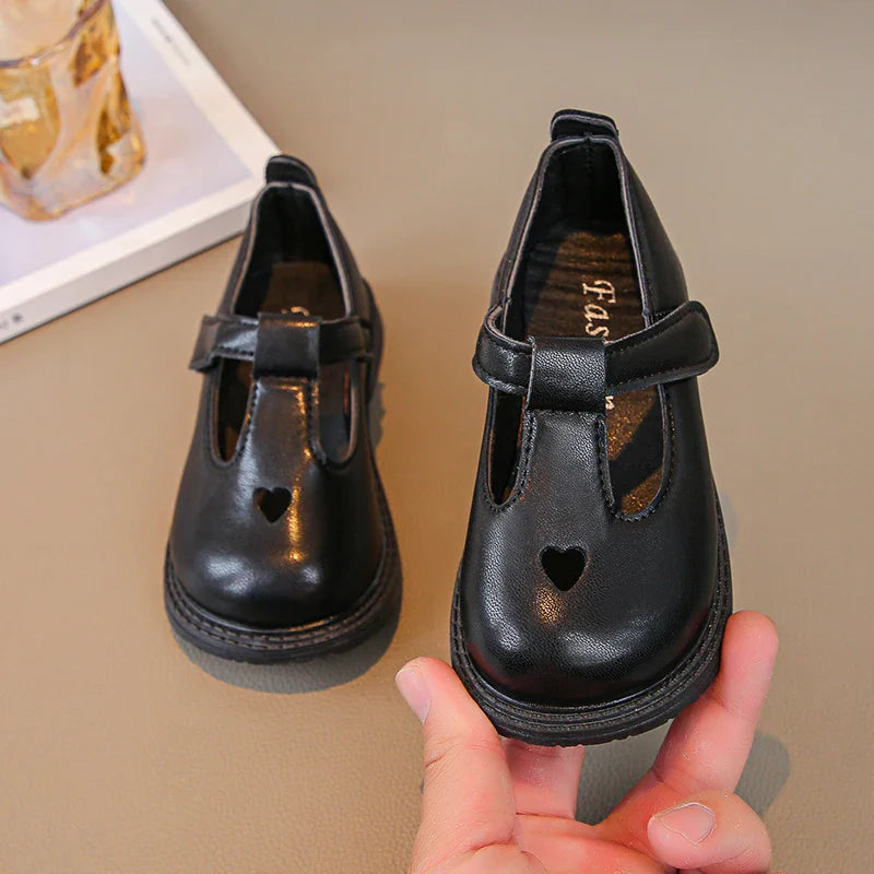 Girls Princess PU Leather T-Strap Flats with Heart Cut-Outs Cute Toddler & Kids Dress Shoes for Spring Autumn