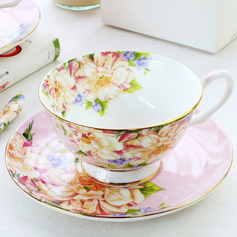 Bone China Afternoon Tea Cup Set with Saucer & Spoon — 200–210ml (6.8–7.1 fl oz) Teacup for Home, Office & Cafe Gift