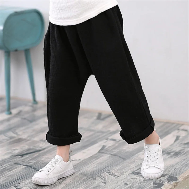 Kids Cotton Pleated Ankle-Length Pants – Toddler Boys Girls Casual Harem Trousers with Elastic Waist