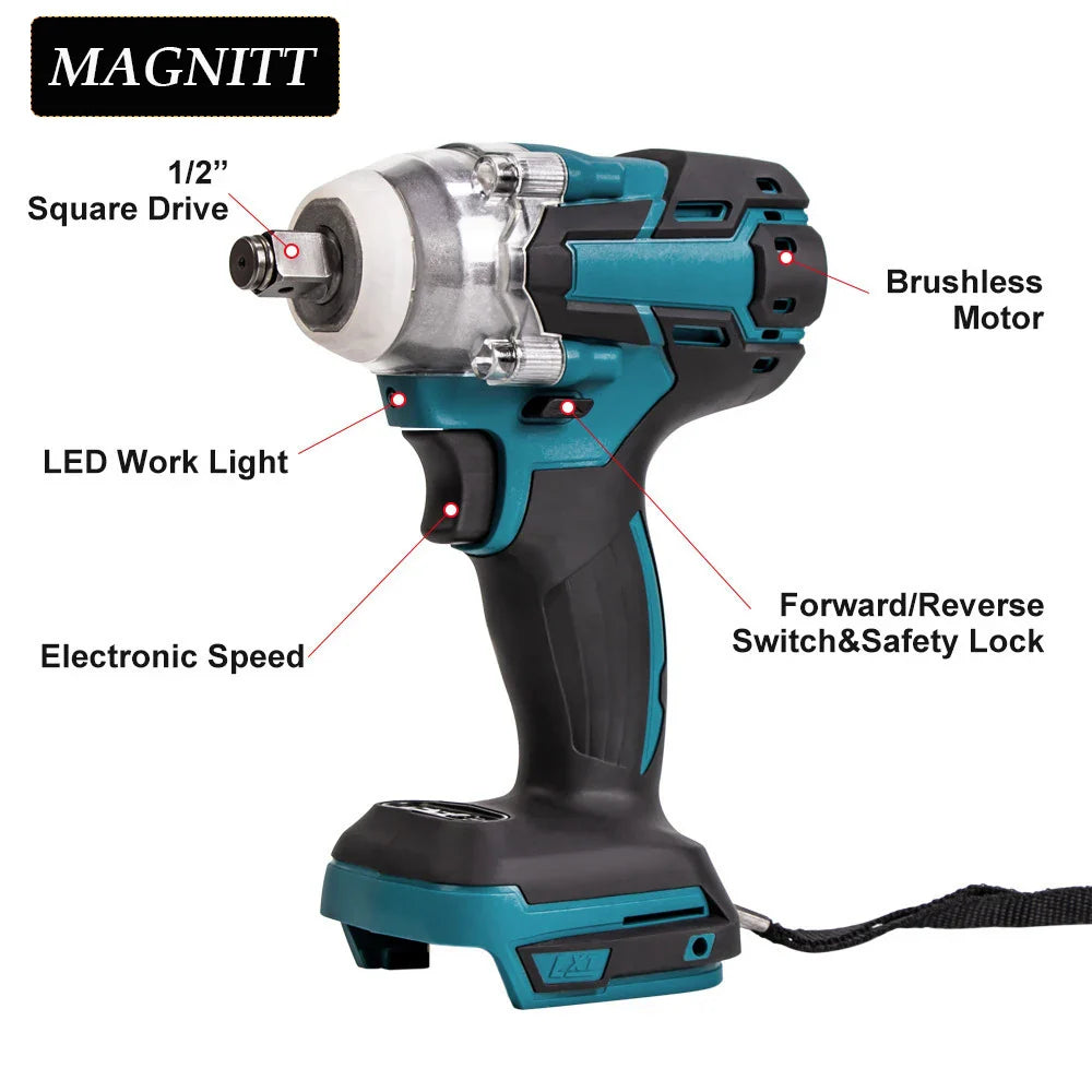Brushless Cordless Impact Wrench 1/2 in (12.7 mm) Drive — 520 N·m Torque, 18V Battery Compatible Power Wrench with Toolbox