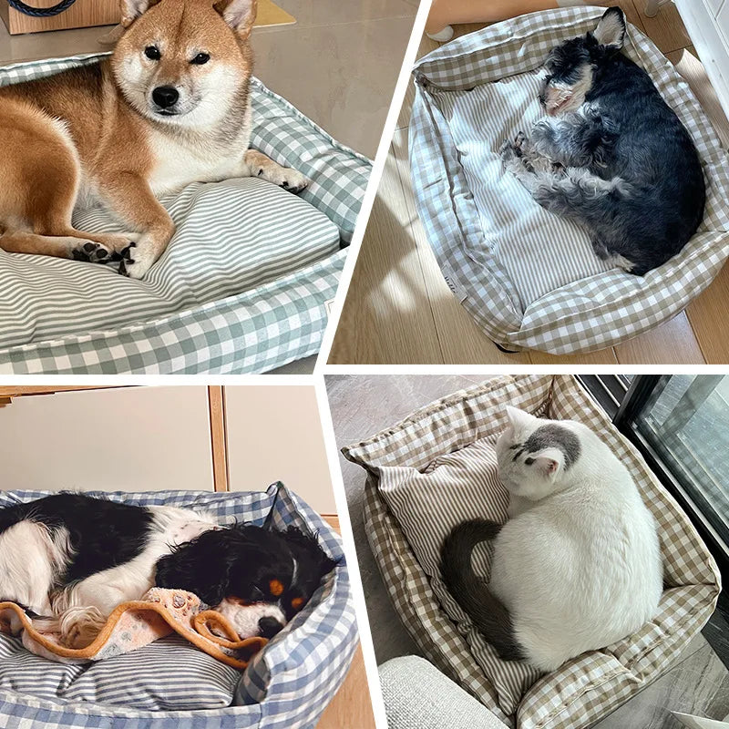 Striped Cotton Pet Bed Sofa for Cats & Small Dogs — Indoor Puppy Kennel (S/M) 50x40x20cm & 60x50x20cm (19.6x15.7x7.8 in & 23.6x19.6x7.8 in)