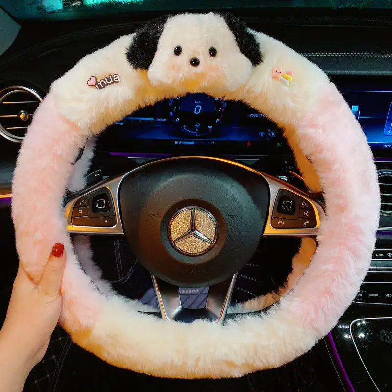 Kawaii Cute Dog Cartoon Steering Wheel Cover 15 in (38 cm) Plush Anti-Slip Warm Car Interior Accessory