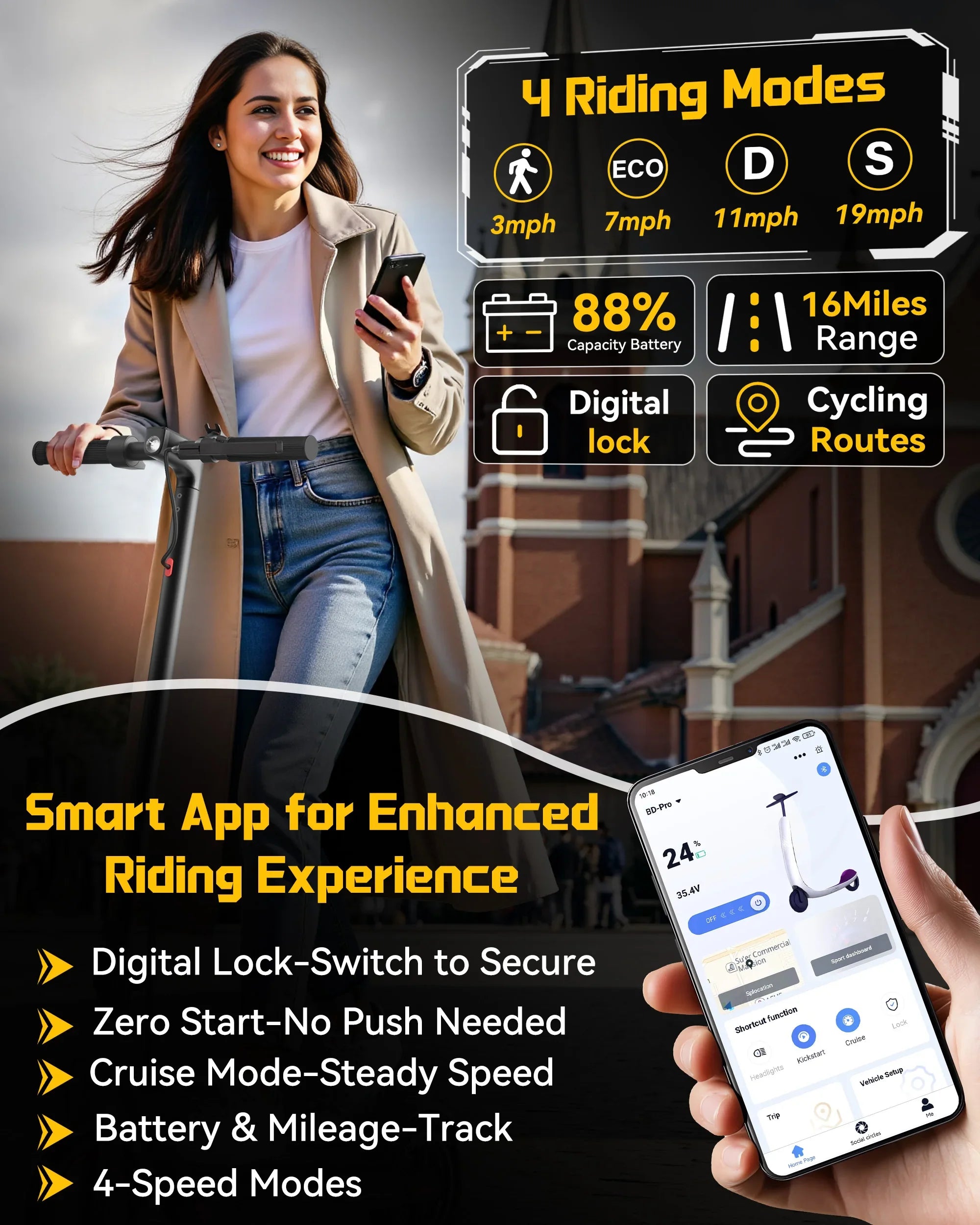 Foldable Electric Scooter 350W 19 mph — APP Smart Control, 4-Speed Modes, 16–40 Mile Range for Adults