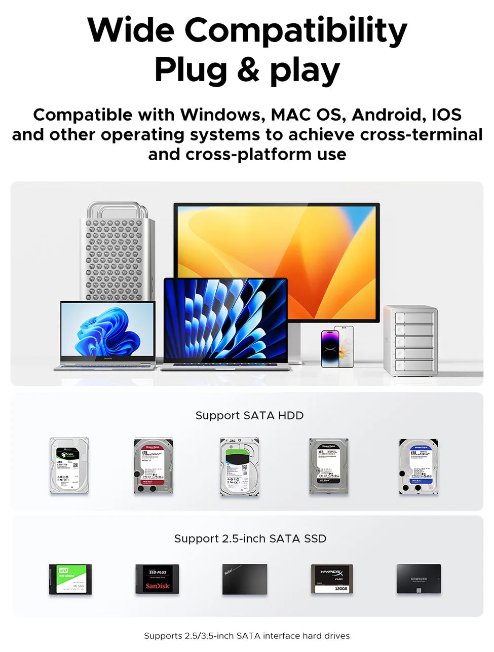 5-Bay 10Gbps SATA HDD & SSD Docking Station, 2.5"/3.5" USB 3.2 Gen2 Type-C Enclosure with Daisy Chain & 150W Power