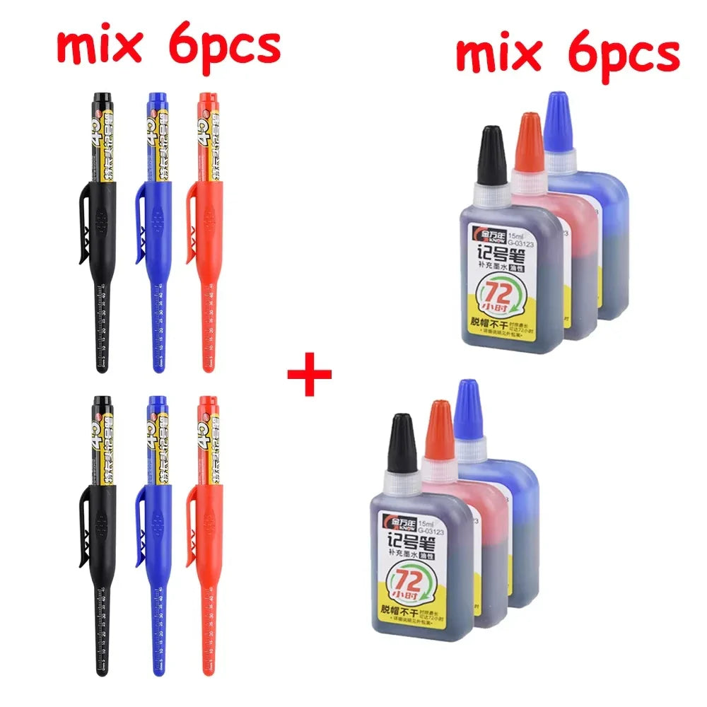 Waterproof Carpenter & Tile Marker Pen 45mm Long Nib — Deep-Hole Woodworking Marker, Black Blue Red (1–6 Pack)