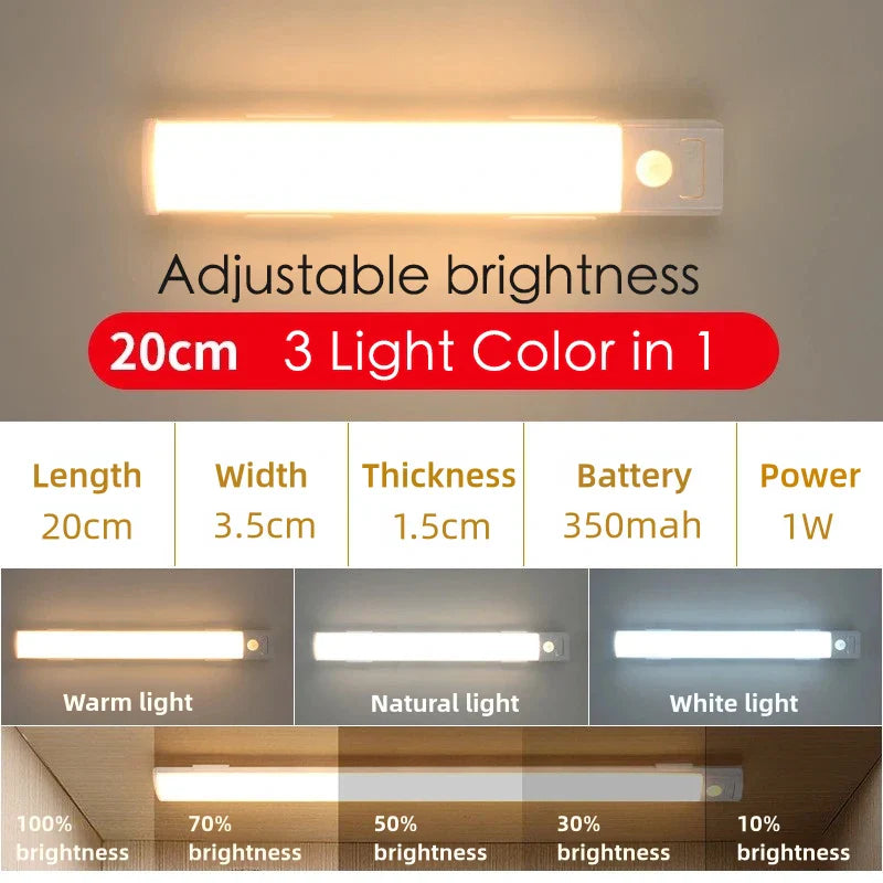 LED Motion Sensor Under-Cabinet Light - USB-C Rechargeable Wireless Night Lamp (10/20/30/40 cm | 4/8/12/16 in)