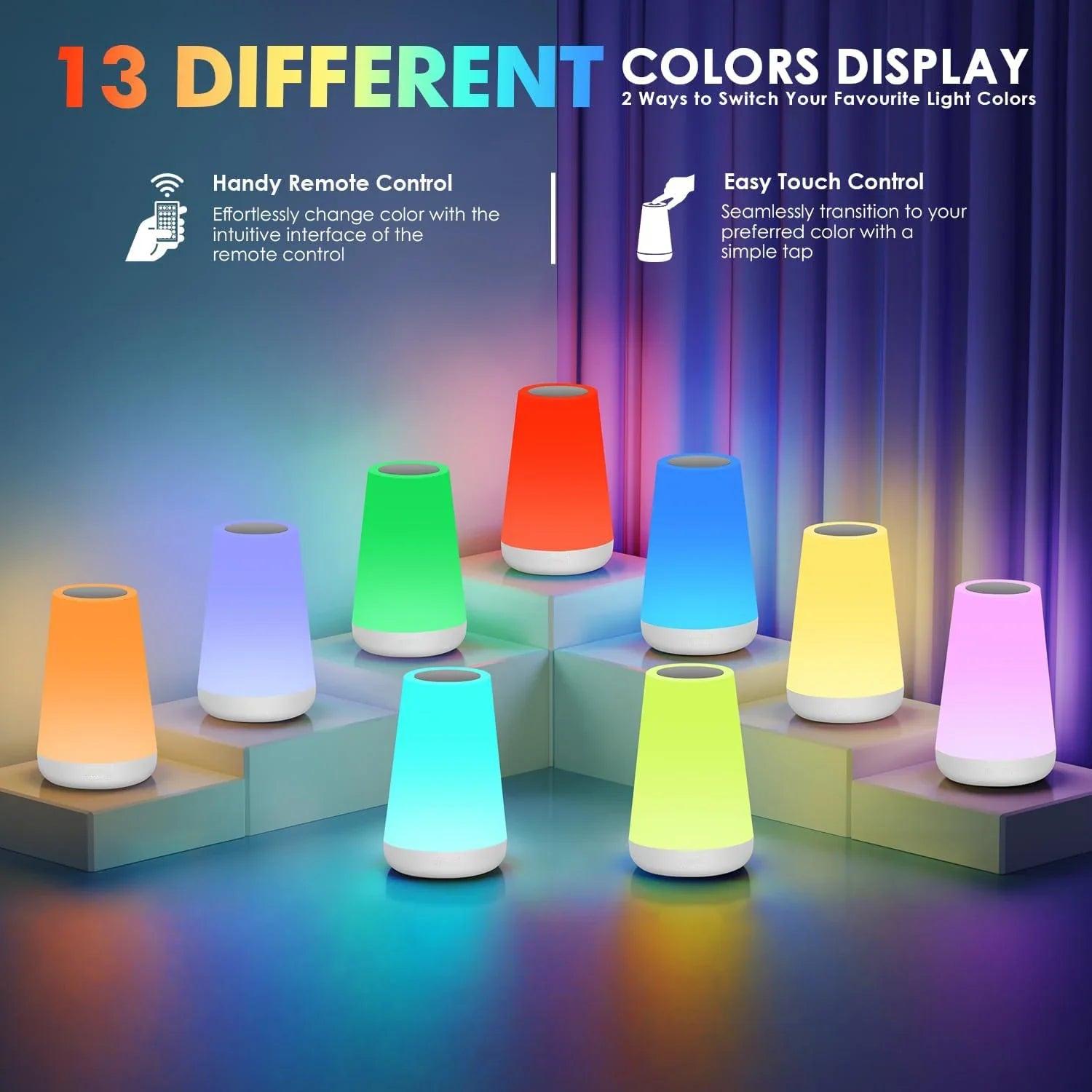 LED 13-Color RGB Rechargeable Night Light Remote & Touch Control USB Dimmable Portable Bedside Table Lamp