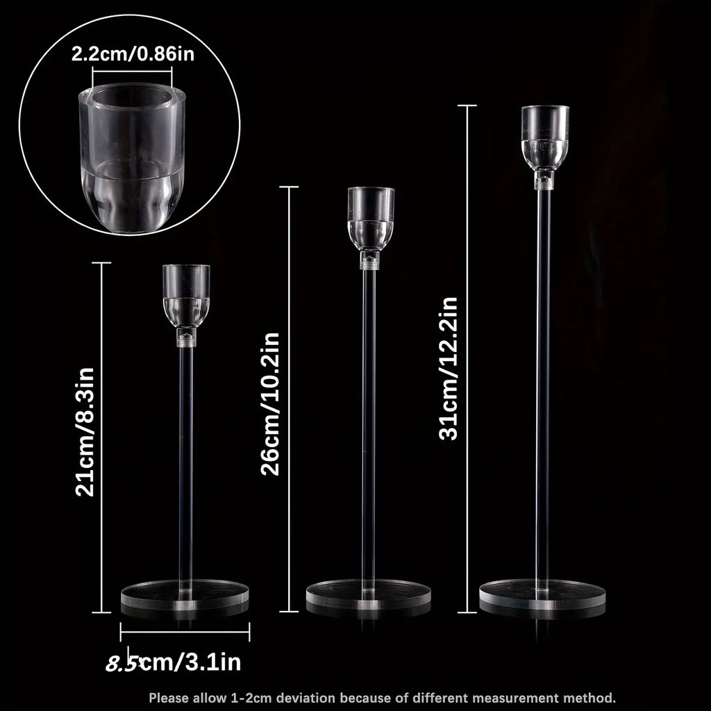 3-Pack Clear Acrylic Candle Holders – Modern Candelabra Table Centerpiece for Weddings, Parties & Holiday Decor