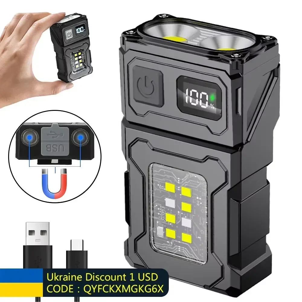 Mini USB Rechargeable LED Flashlight with Tail Magnet – 300 Lumen COB Side Light, Type-C Portable Camping Lantern & Power Bank