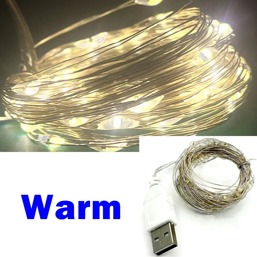 USB LED Fairy String Lights Copper or Silver Wire, Waterproof IP66, Multi-Color, 5/10/20 m (16/33/66 ft) USB Garland for Christmas Wedding Party