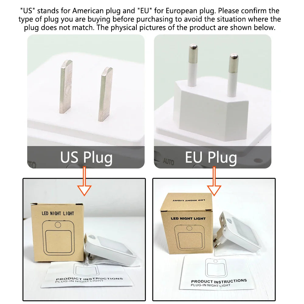 Motion Sensor LED Night Light with EU Plug – Plug-In Bedside & Kids Night Lamp, Warm/White Light
