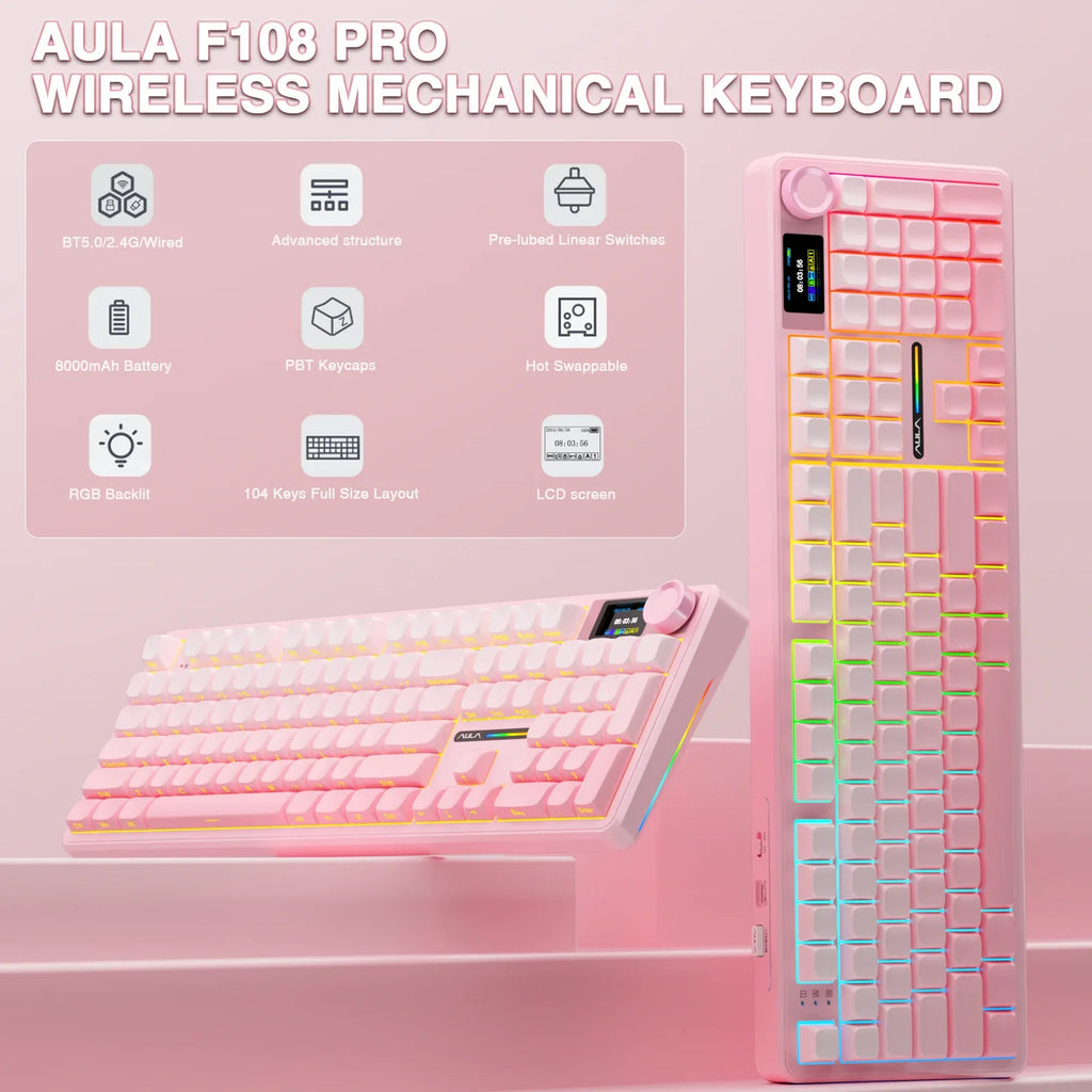 Wireless Bluetooth Mechanical Keyboard 108-Key — Gasket Mount, Hot-Swappable Full-Size with TFT Smart Display, RGB (USB-C, 2.4G, Bluetooth)