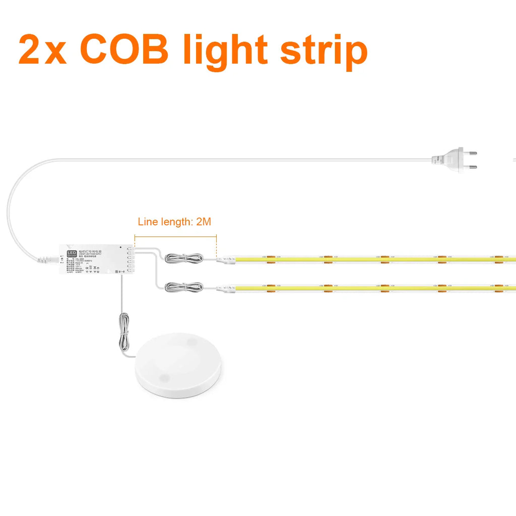 COB LED Strip Light with Penetrable Touch Dimmer – Waterproof 12V Cabinet & Closet Lighting, 1m/2m/3m/5m (39/79/118/197 in), 320 LEDs/m, Warm/Neutral/Cool