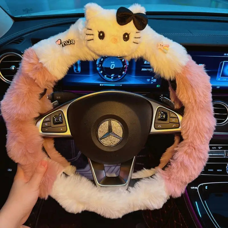 Kawaii Cat Plush Steering Wheel Cover – Winter Warm Soft Car Wheel Cover, Cute Interior Accessory