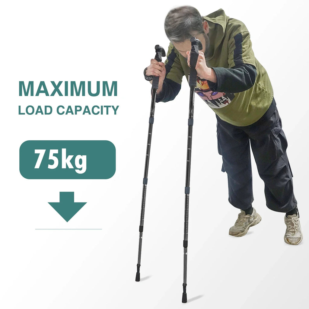 Folding 4-Section Telescopic Trekking Pole - Lightweight Aluminum Hiking Stick with T-Handle, Adjustable 21-43 in (53-110 cm)